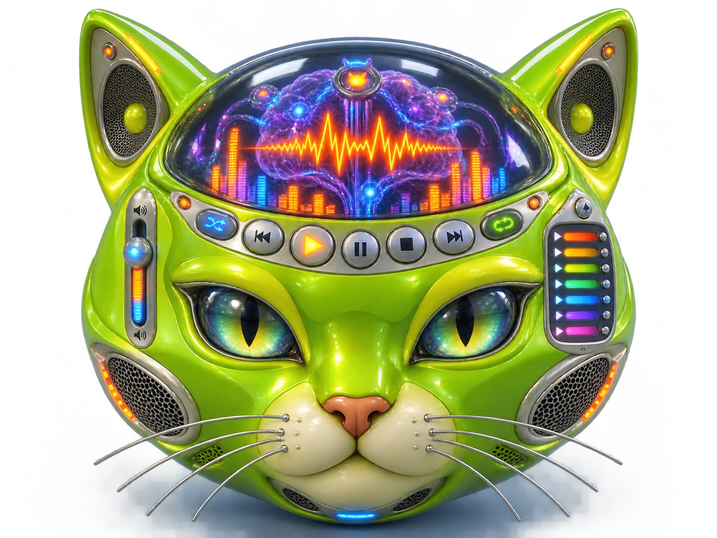 Glossy lime-green cat player with chrome buttons, ear speakers and a glowing brain chamber
